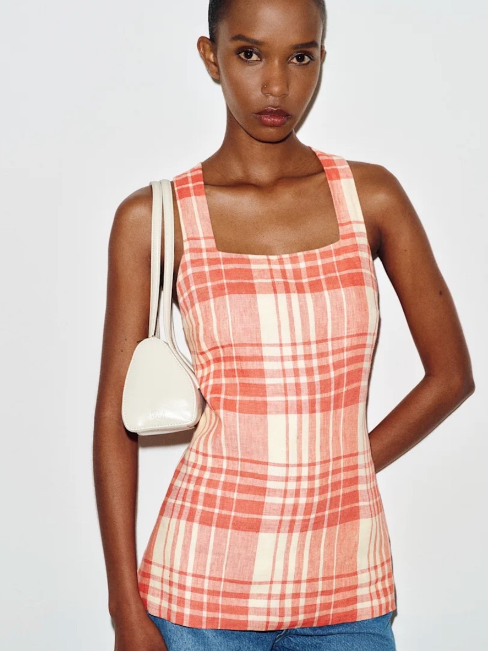 Reformation Coral and Cream Plaid Square-Neck Tank